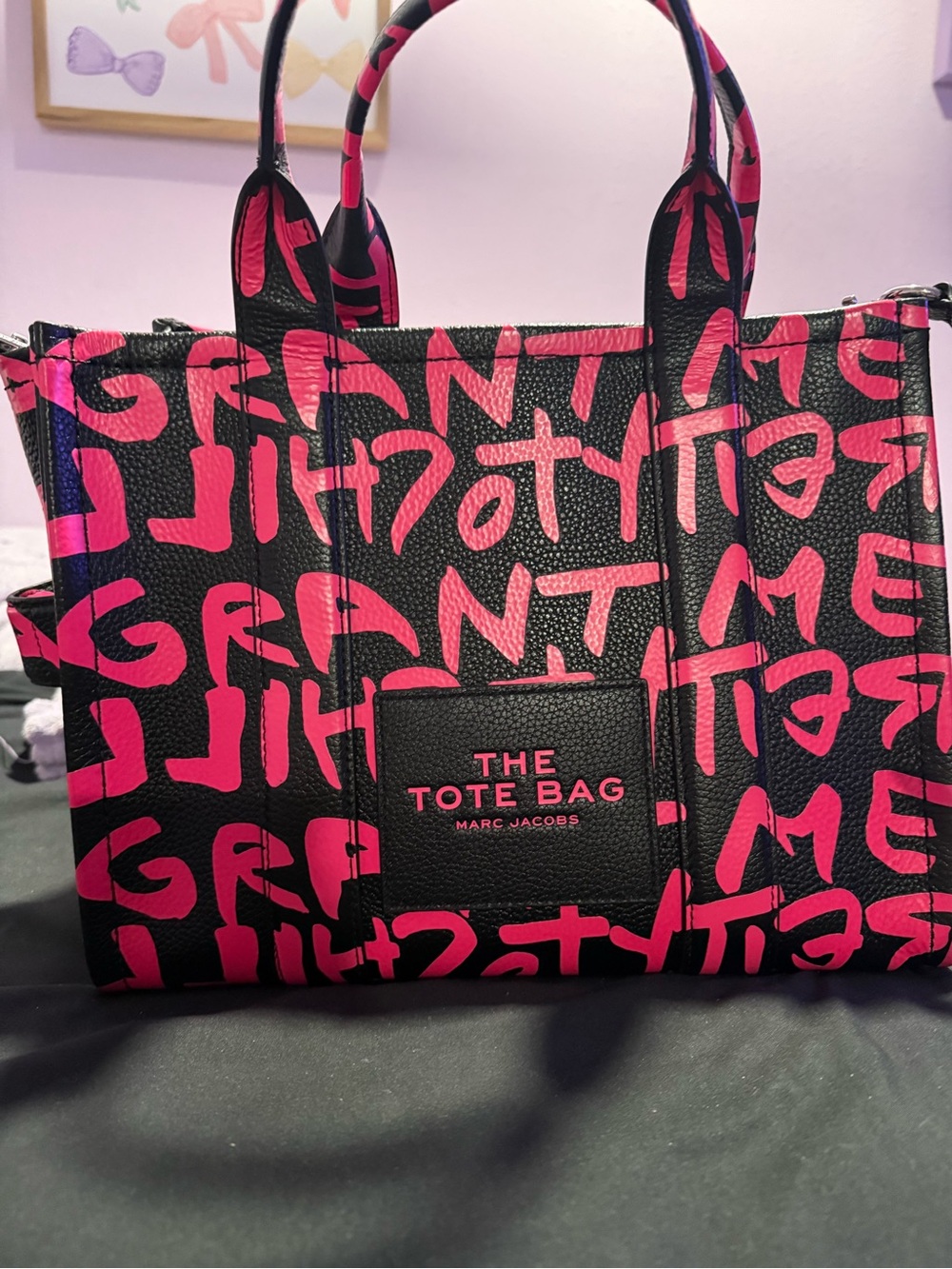 Marc Jacobs The Tote Bag Black with Hot Pink Graffiti Print